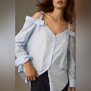 Anthropologie Off Shoulder Blue Button Down Shirt Blouse XS